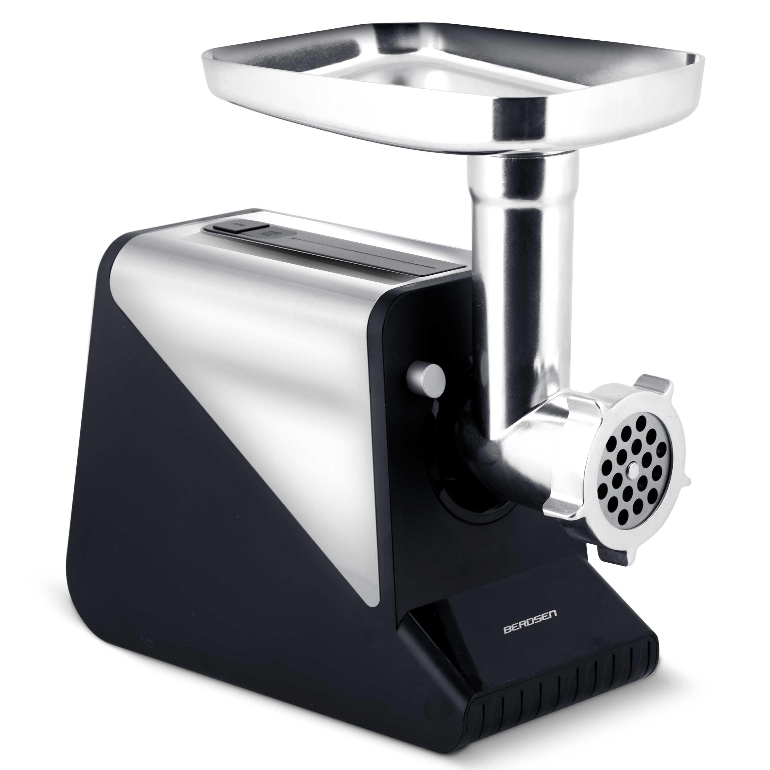 Berdsen Hachoir à viande électrique avec accessoires pour saucisse - Disques perforés - 800/2000 W - Noir et argenté