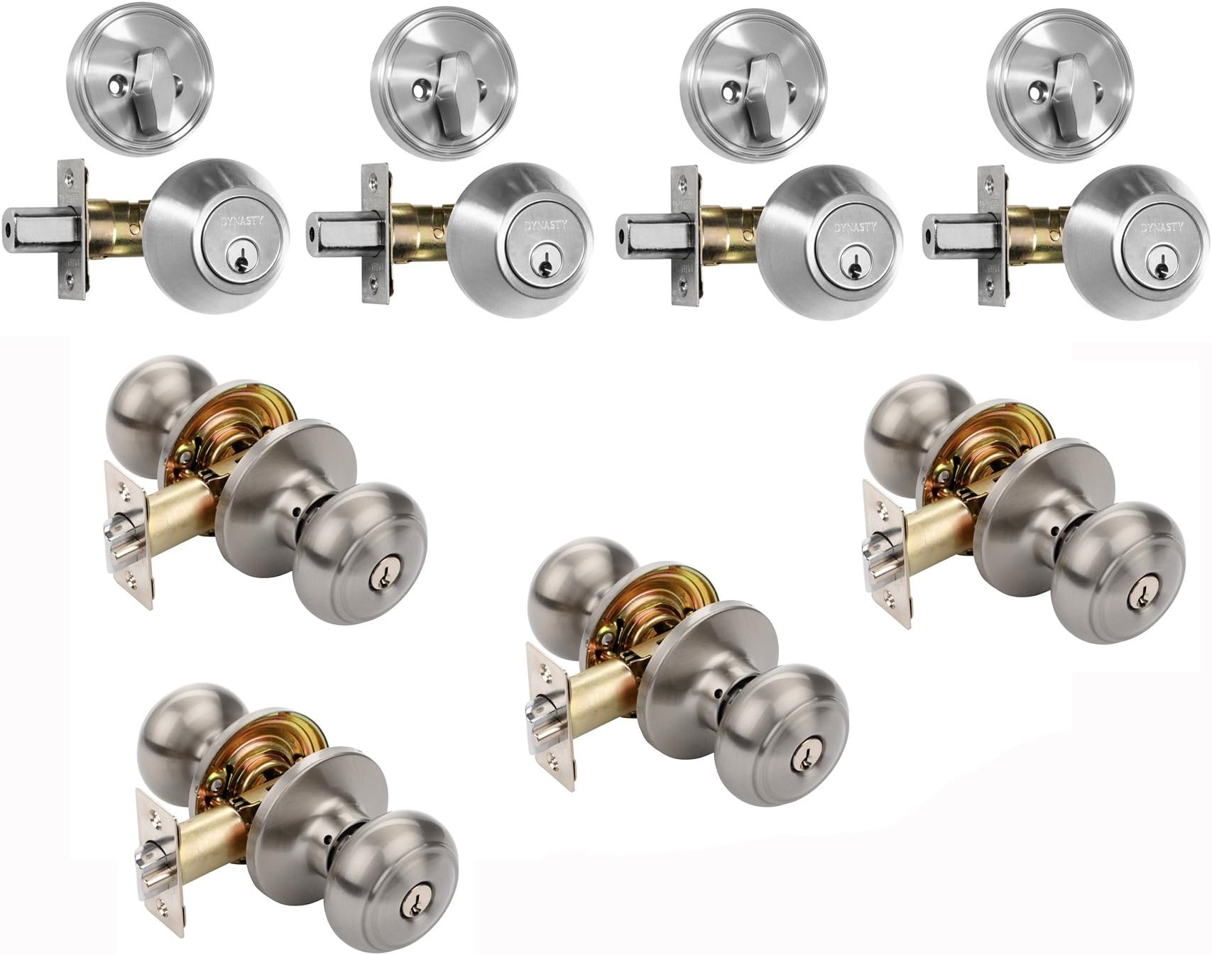 Dynasty Hardware CP-SIE-US15, Sierra Entry Door Knob Lockset and Single Cylinder Deadbolt Combination Set, Satin Nickel (4 Pack) Keyed Alike