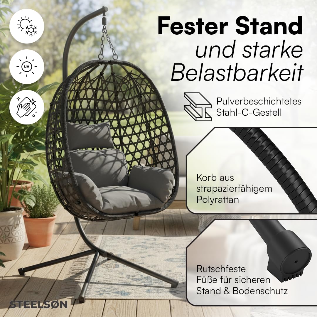 STEELSØN Sarin Hängesessel mit Gestell – Hängestuhl Rattan Outdoor & Indoor mit Kissen – Hängekorb Schwarz – Gartenschaukel für Erwachsene & Kinder – Korbhängesessel faltbar – Hanging chair bis 150 kg