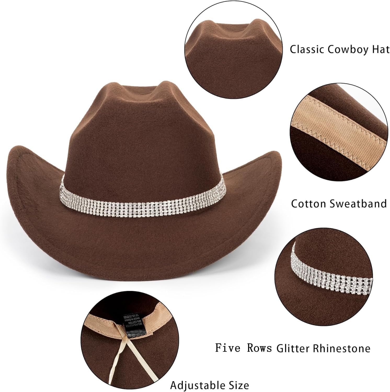 Vintage Roll Up Western Cowboy Hat for Men Women Cowgirl Fedora Hats Black/Brown Different Decorative Band M - Image 2