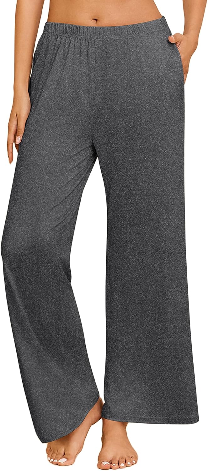 Ekouaer Women's Pajama Pants with Pockets Comfy Casual Wide Leg Yoga Pants Soft Stretch Pajama Bottoms Black Small