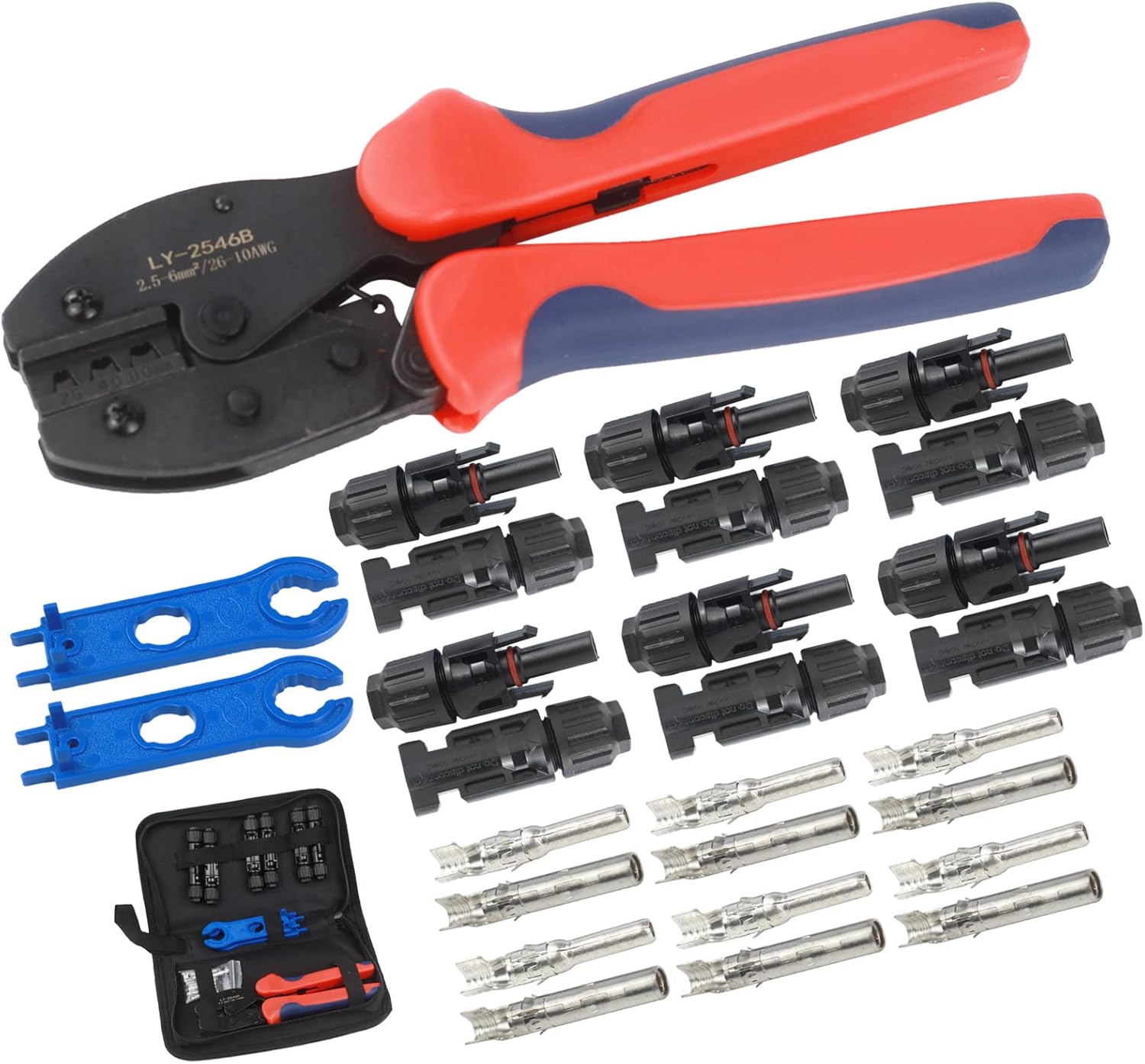 Solar Crimping Tool Kit LY-2546B Crimping Pliers with Male Female Solar Cable Connectors, Solar Spanner Wrench for Connectors Solar Panel 2.5/4/6mm² AWG14/12/10