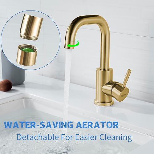 Miniatura 4 de Grifo de lavabo de baño de un solo agujero, oro cepillado, moderno grifo de baño de una sola manija de acero inoxidable caño giratorio comercial RV