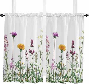 Short Curtains 45 Inch Length - 2 Panels, Spring Summer Flowers Rod Pocket Curtain Panels, Farmhouse Floral Botanical Window Treatment for Bedroom/Kitchen/Bathroom Windows, 55W x 45L Inch