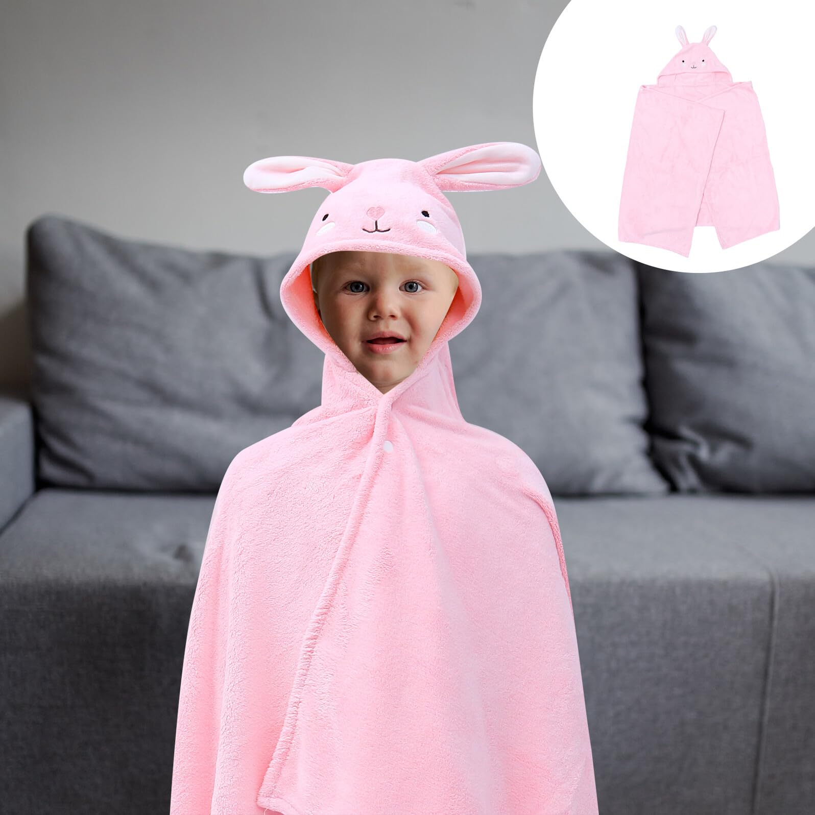GARVALON Kapuzenbadetuch mit Niedlichem Cartoon Design Atmungsaktiv Weich und Warm Saugfähiger Badeponcho für Mädchen und Jungen Pinker Hasen Motiv Bademantel