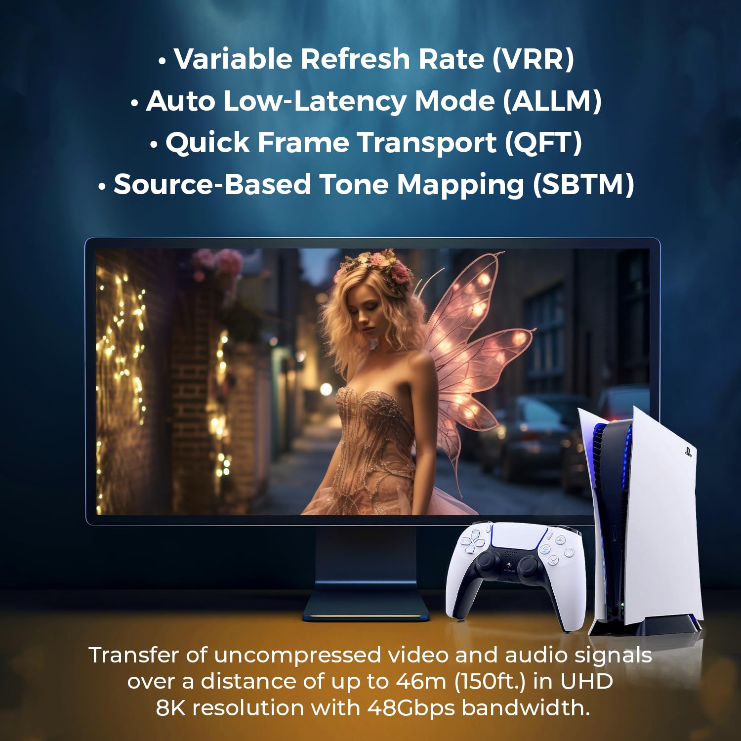 OREI Cable HDMI 2.1 8K de 150 pies - AOC Cable HDMI de fibra óptica activa, 48 Gbps, 8K @60Hz, 4K @120Hz, HDR10+, eARC, HDCP 2.3, sin EMI, chapado en oro, trenzado de nailon
