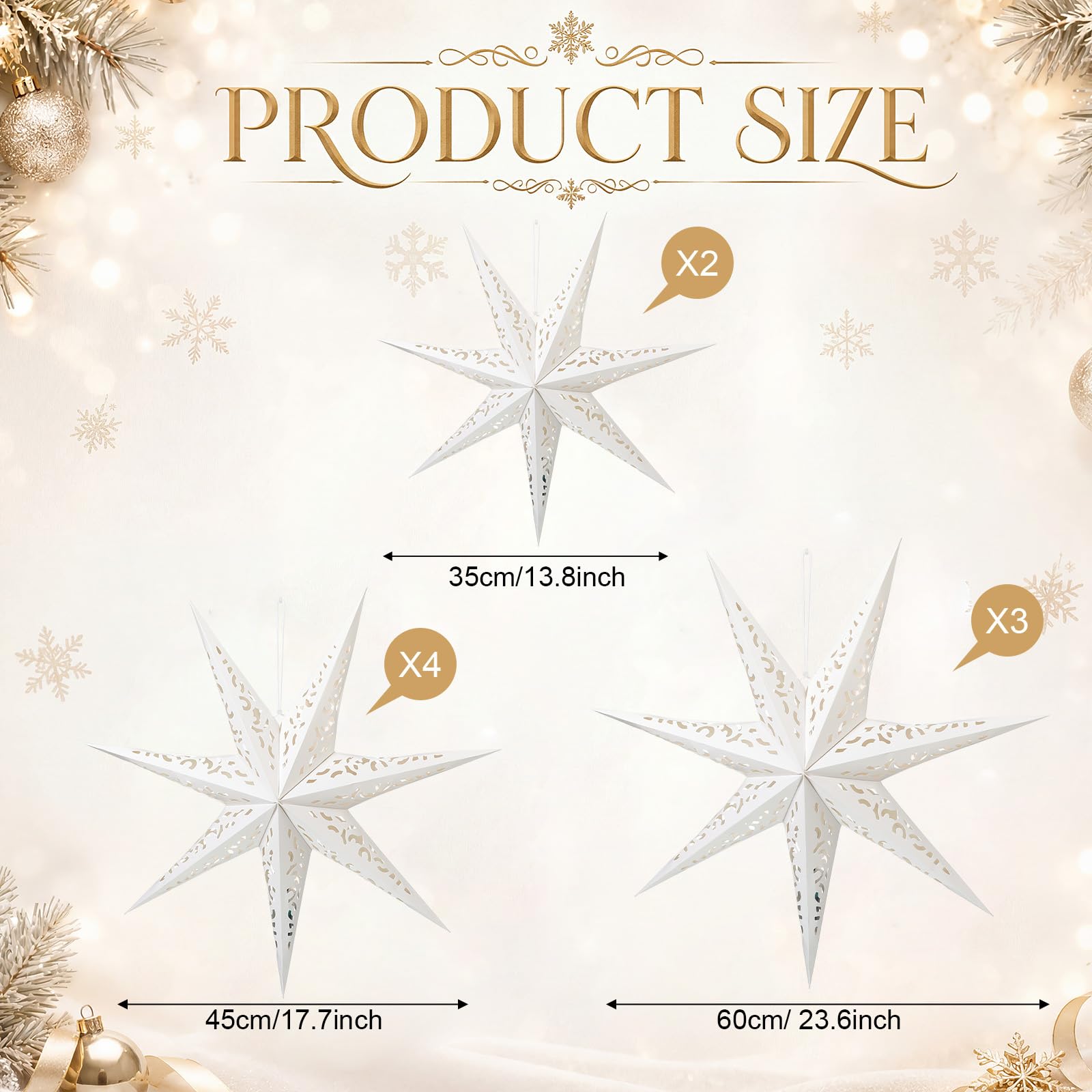 Dunzoom Confezione da 9 lanterne di carta bianche a forma di stella da appendere, decorazioni a forma di stella, con filo di luci, decorazione per albero di Natale, decorazione per matrimoni, feste di