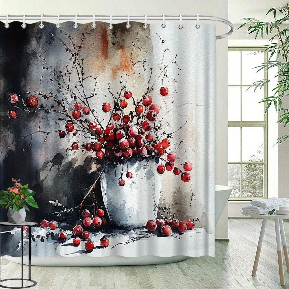 Jagodowa martwa natura zasłona prysznicowa, biały ceramiczny wazon, delikatne pędzle akwarelowe, z haczykami (300 x 190 cm, wodoodporna)