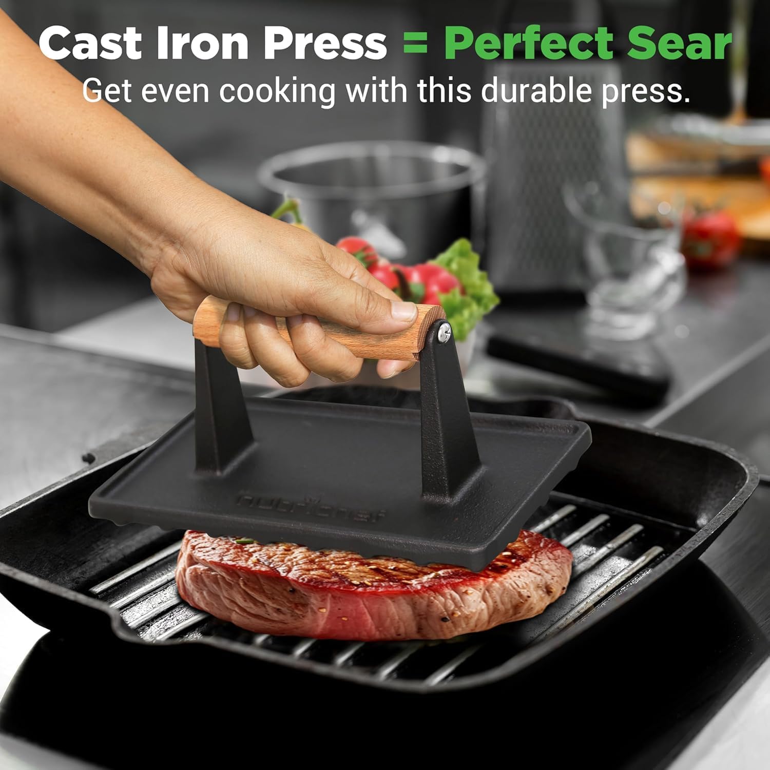 NutriChef Cast Iron Weight Grill Press – Heavy-Duty Griddle Press with Wooden Handle for Steak, Burgers, Bacon & Sandwiches, Creates Perfect Grill Marks