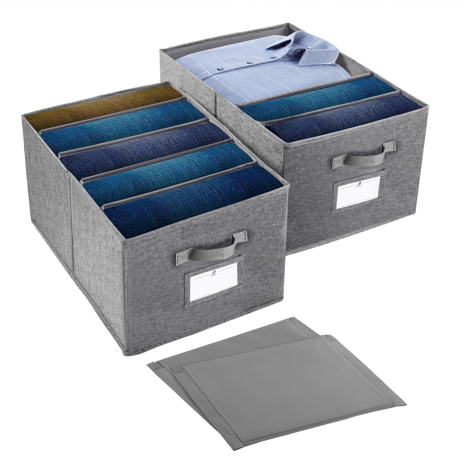 Drolma Clothes Organizer - Foldable & Washable Jeans Organizer,Extra-Large Size Pants Organizer with Label Windows,and Removable Dividers - Clothes Storage Box Gray Webbing Handle,2 Pack