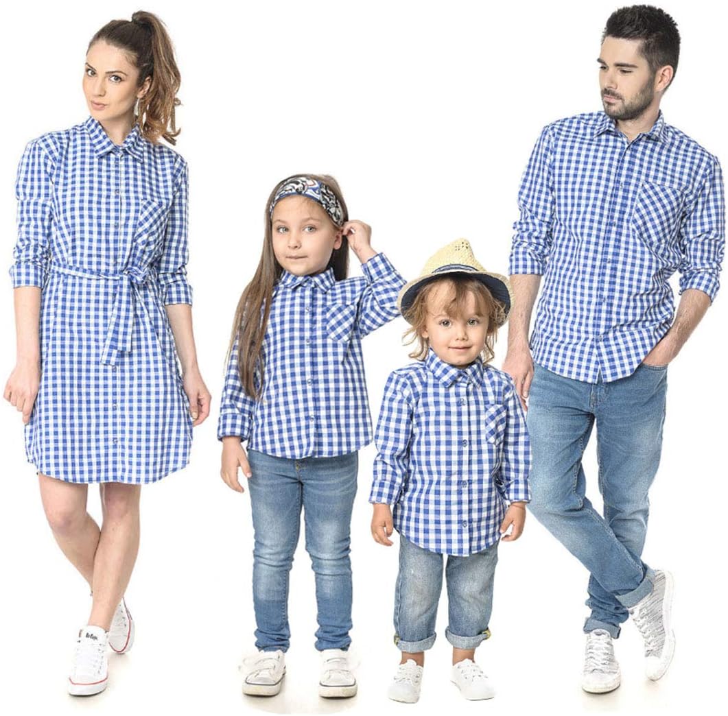 Family Matching Plaid Shirt Parent-Child Checkered Print Long Sleeve Dress Shirt Whit Pocket Spring Outfits (Blue, Dad/XL)