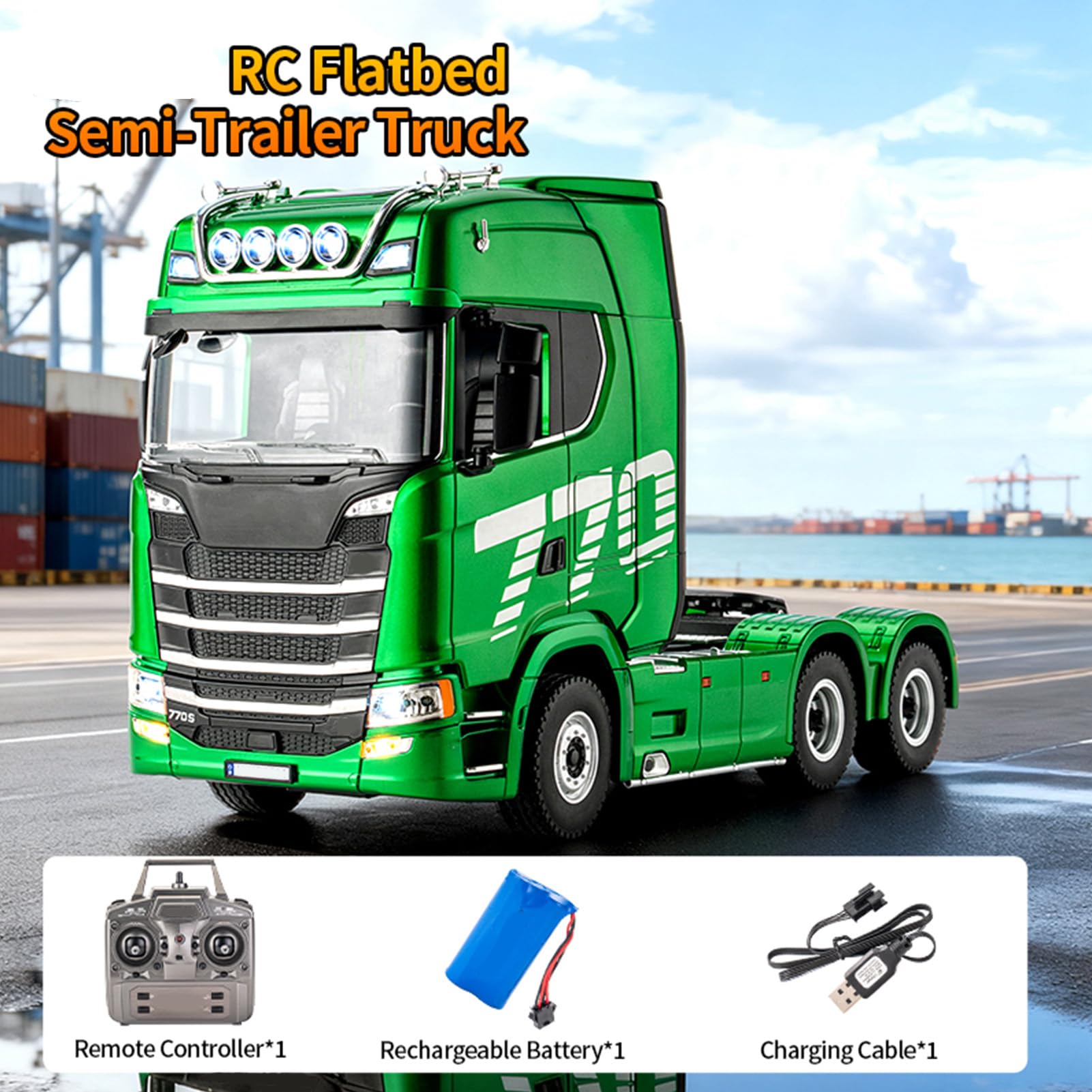 Goolsky Camión de tractor RC a escala 1:18, camión teledirigido, camión de juguete con luces y sonido, 2,4 G 4WD, 1200 mAh, batería recargable para interior y exterior