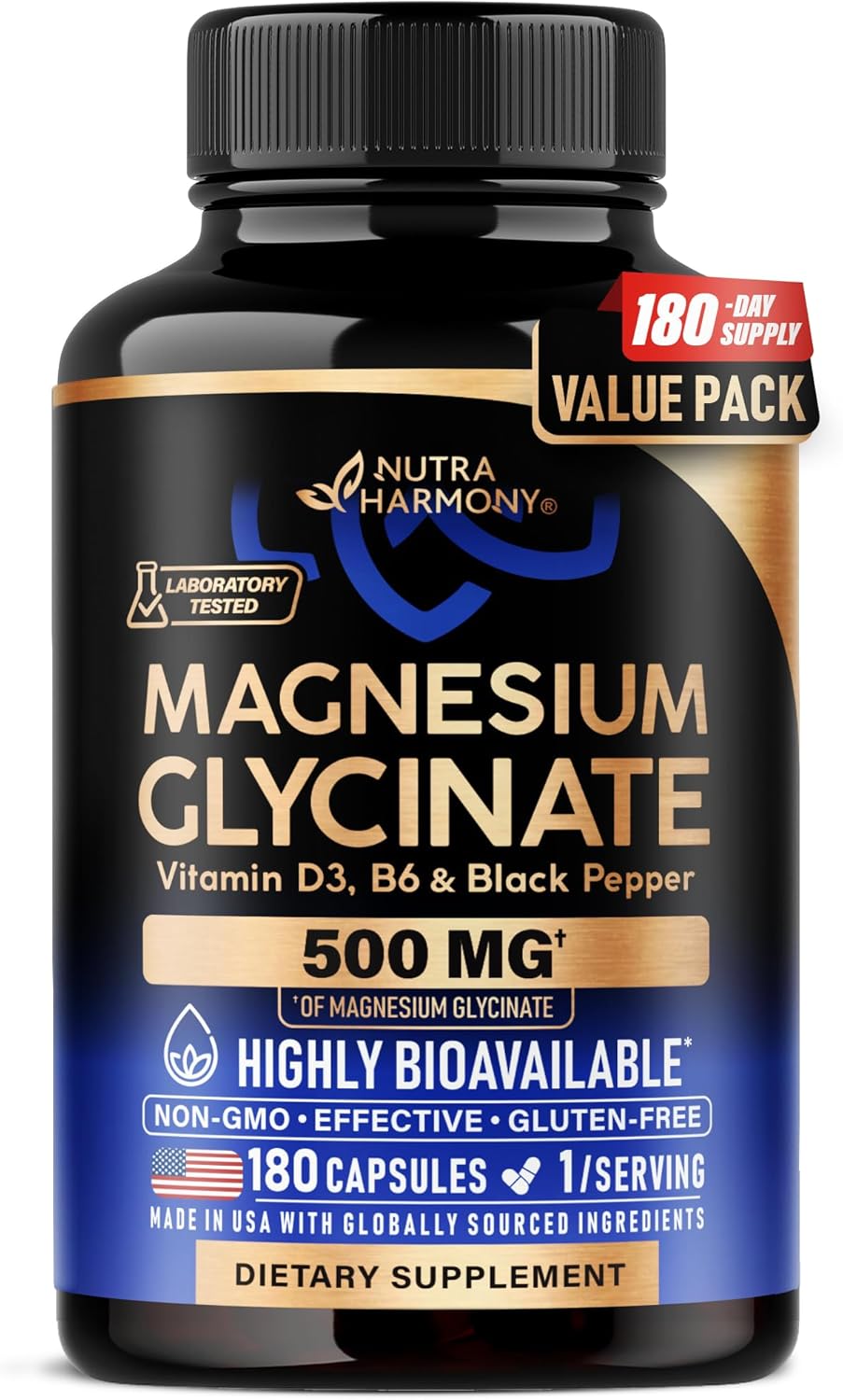 Magnesium Glycinate 500 mg - Chelated Supplement - High Absorption Form of Magnesium - Support for Sleep, Muscle & Heart Health - Made in USA, Lab Tested & Non-GMO - 180 Capsules