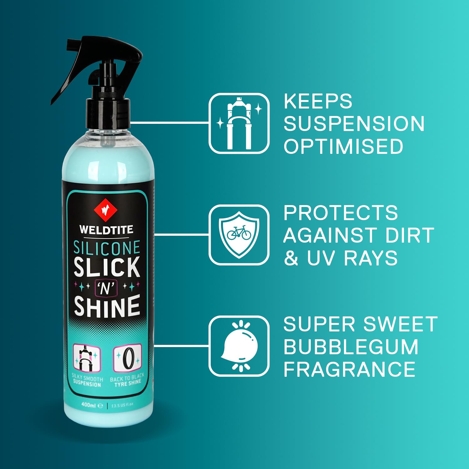WELDTITE Silicone Slick 'N' Shine Spray Spray Pneu Pneu & Lubrifiant Suspension pour Vélos 400 ml