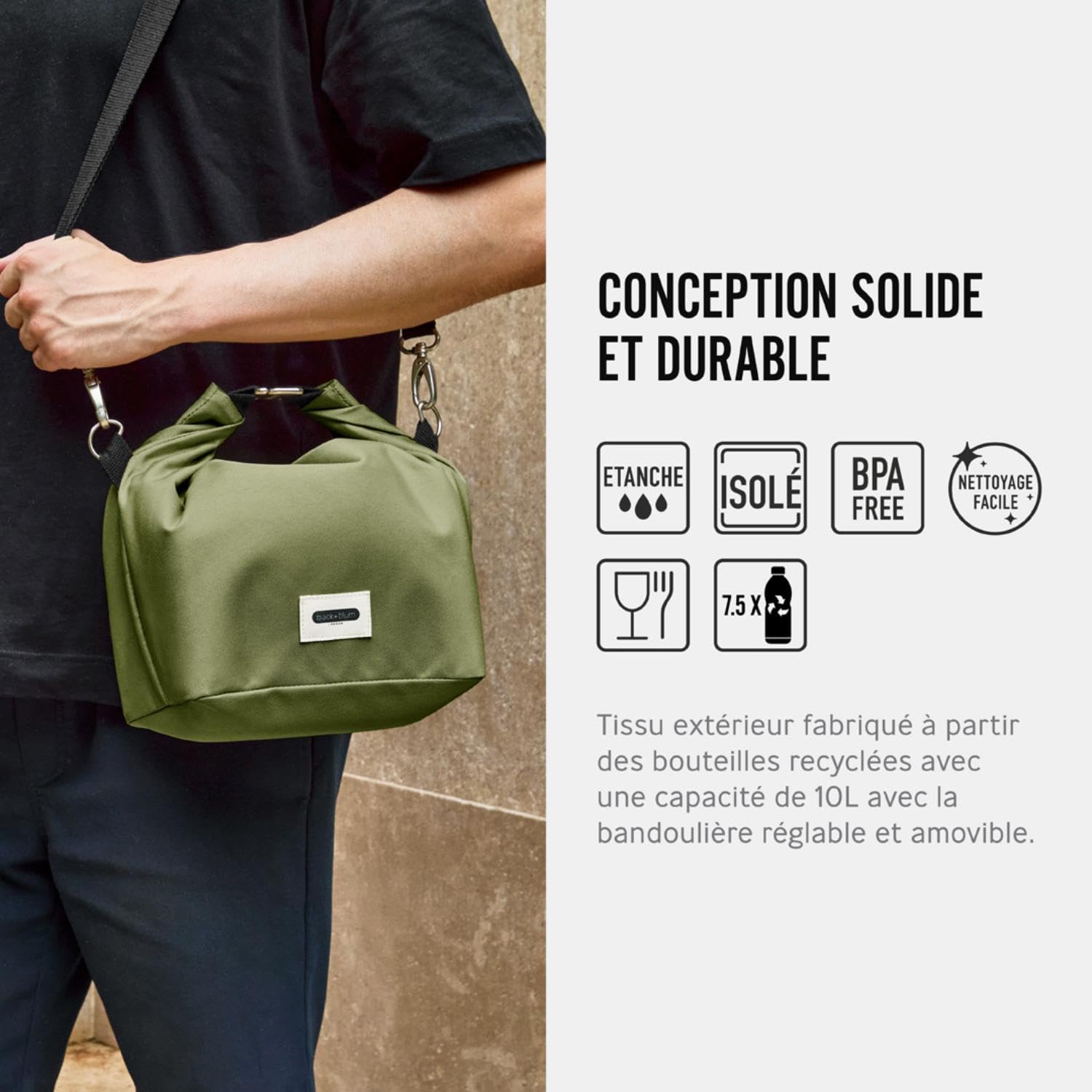 Sac à lunch isotherme Black+Blum de 10L - Sac isotherme roulant recyclé avec bandoulière, étanche thermique pour femmes et hommes, contenant pour repas réutilisable, sans BPA, mousse