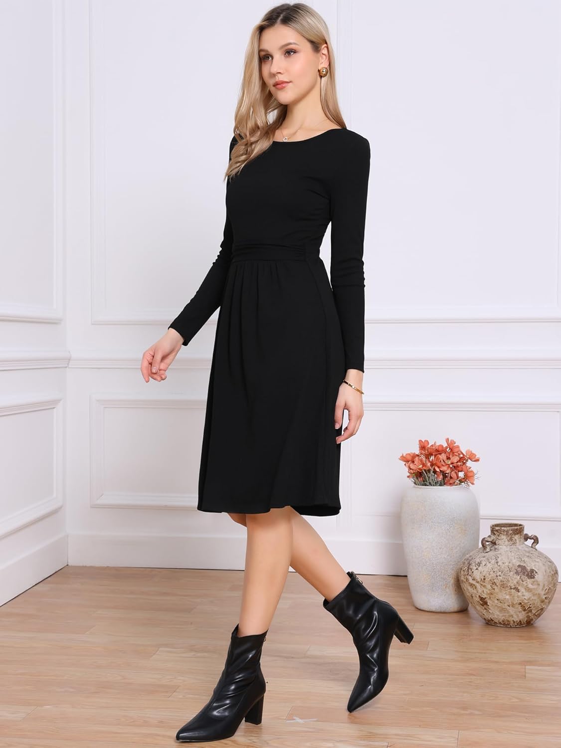 Allegra K Knit Long Sleeve Dress for Women's 2025 Crew Neck High Waist A-Line Midi Dresses - Image 4