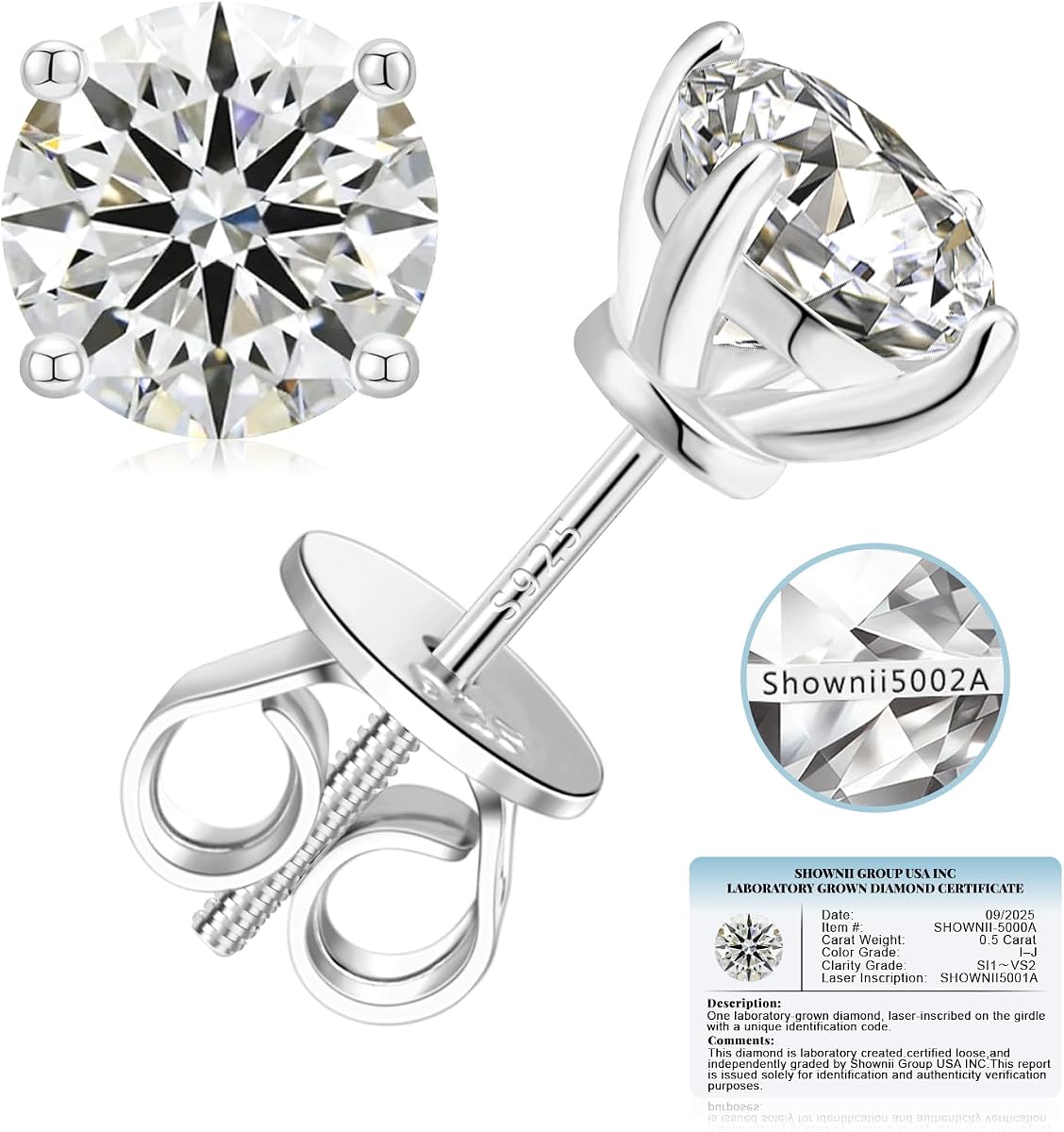 LAB GROWN Diamond Stud Earrings for Women Men 0.5-2CT Screw Back