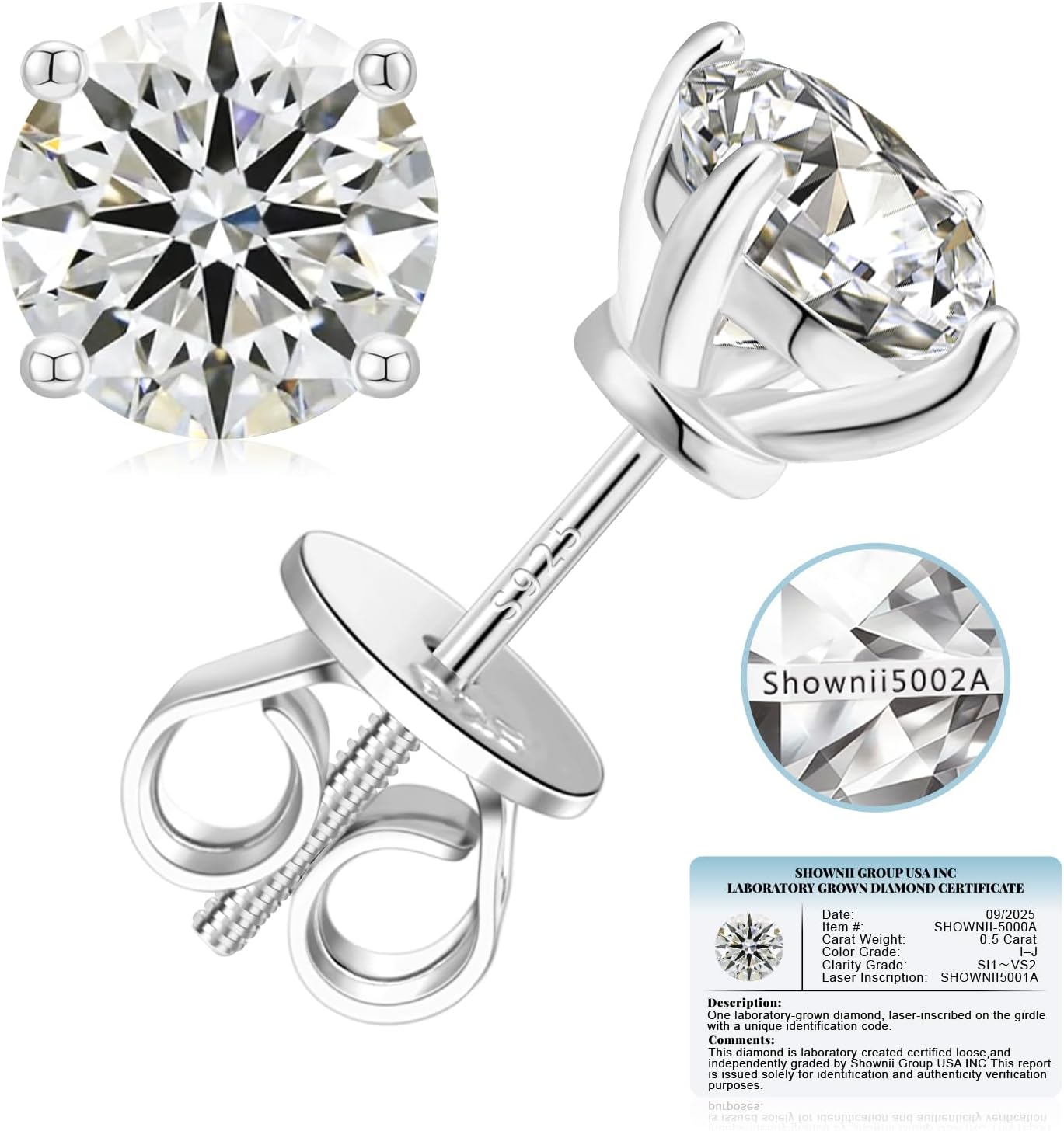 LAB GROWN Diamond Stud Earrings for Women 0.25CT - 2CT Screw and Push Back