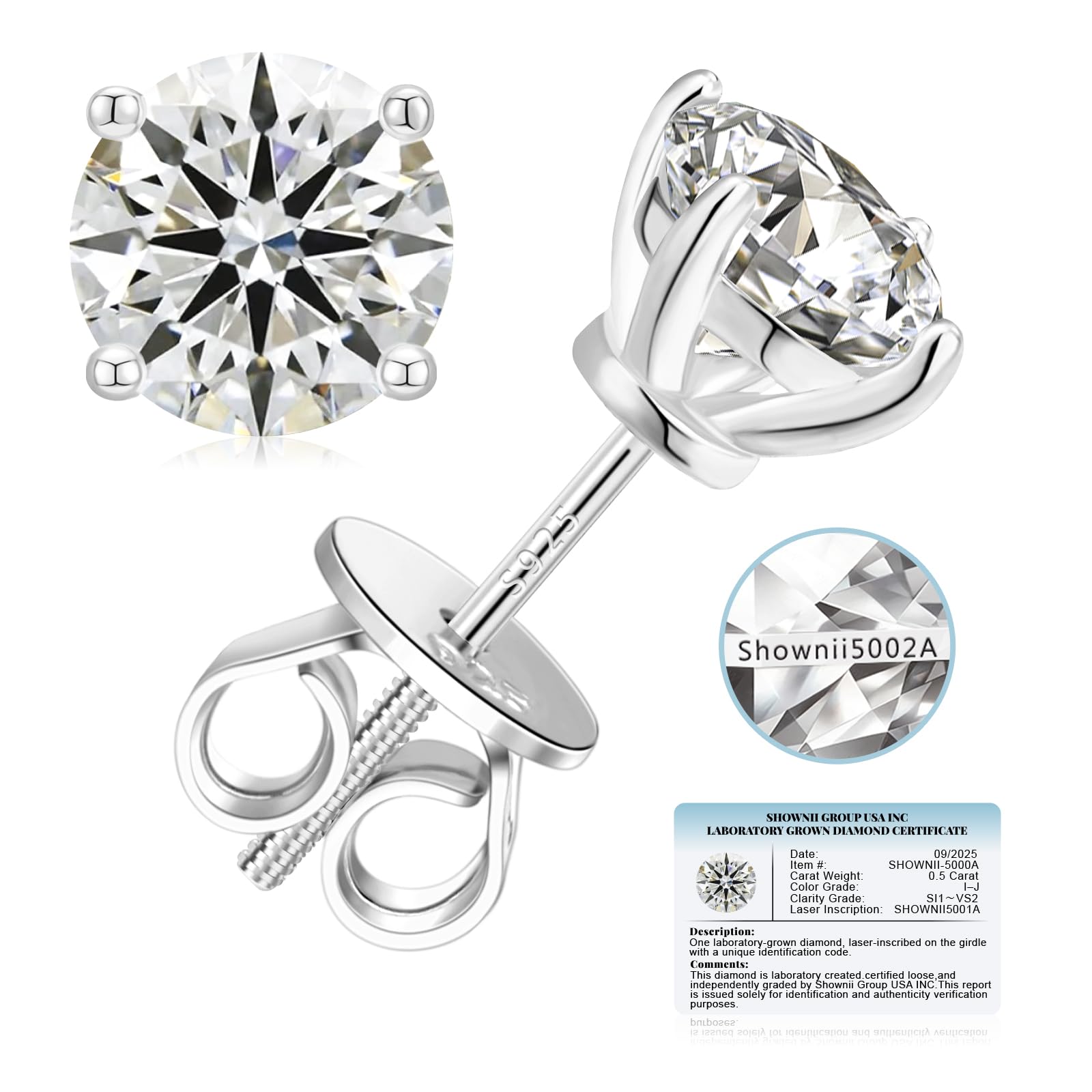 SHOWNII LAB GROWN Diamond Stud Earrings for Women 0.25CT - 2CT Screw Back