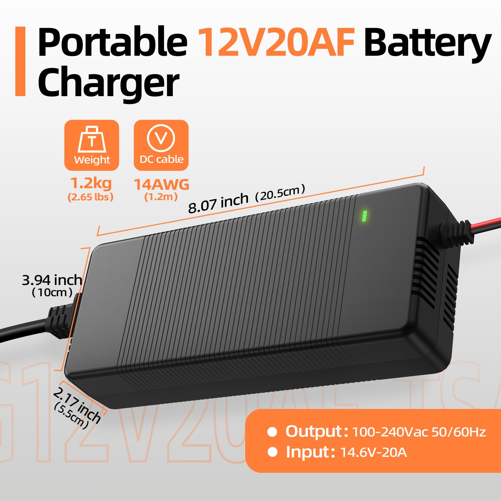 HumsiENK 12V 20A LiFePO4 Chargeur, matériau du boîtier en Plastique, Plus léger, Moins de Bruit, Chargeur Intelligent AC-DC à Charge Lente, Prend en Charge la Charge Rapide