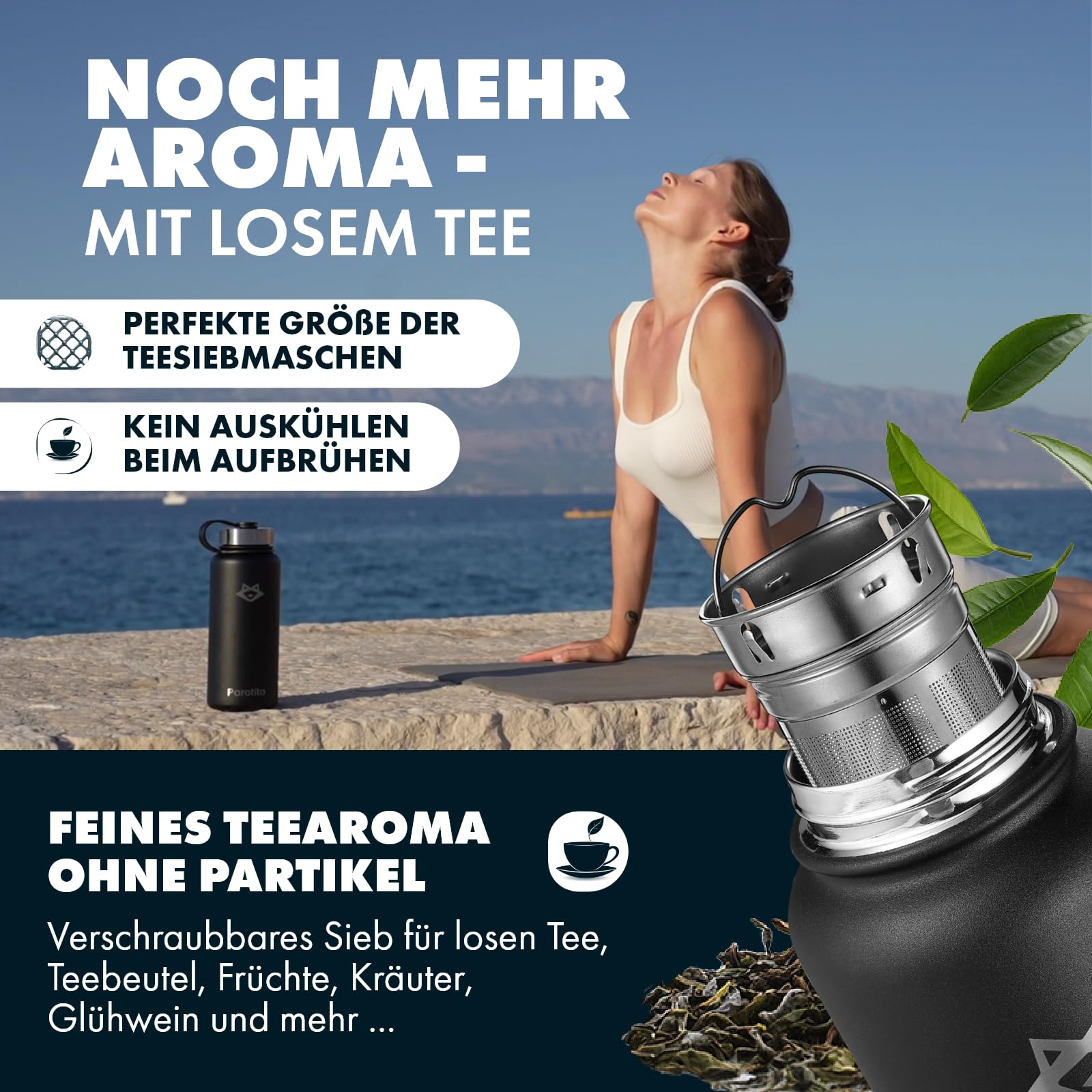 Termo con colador de té y cierre de rosca deportivo, perfecto para viajes