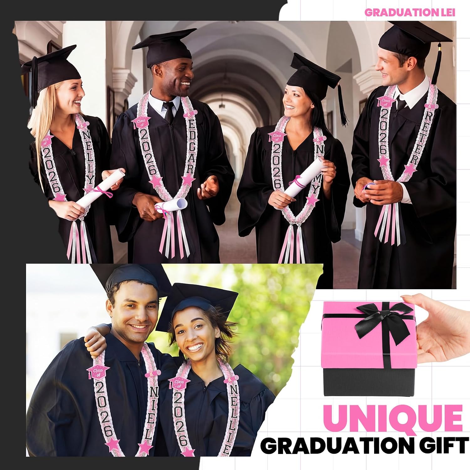 Juexica Graduation Lei Class of 2026, Graduation Ribbon Money Lei Personalized DIY Name Braided Necklace for Women Men Congrat Grad Party Gift Accessories(Pink,1 Set)
