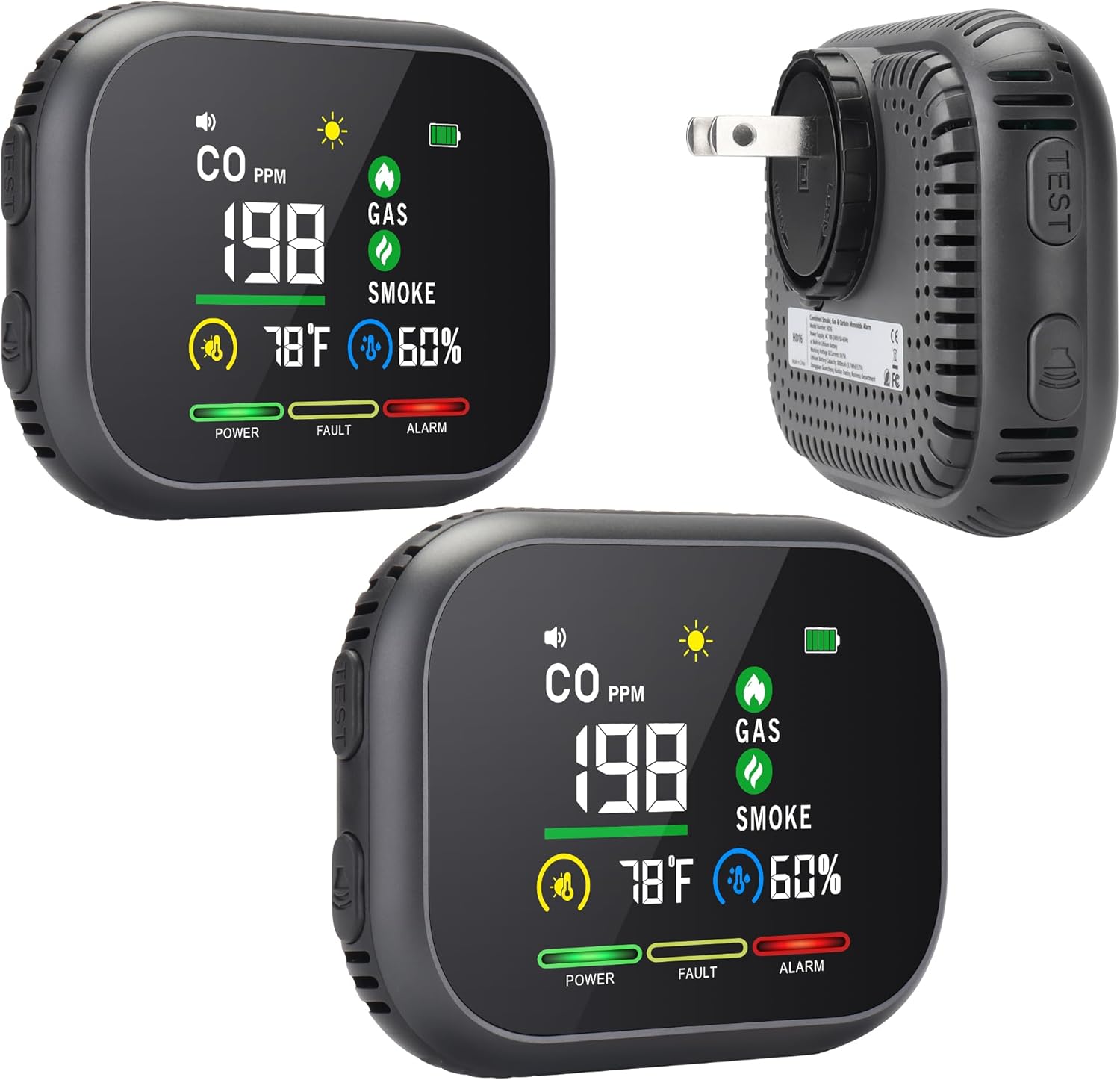 5 in 1 Carbon Monoxide Detectors Plug in, Smoke Natural Gas Detector with Alarm, CO Detector, Gas, Smoke, Temp, Humidity, Portable Carbon Monoxide Detector for Home, RV, Black&Grey, 2 Packs