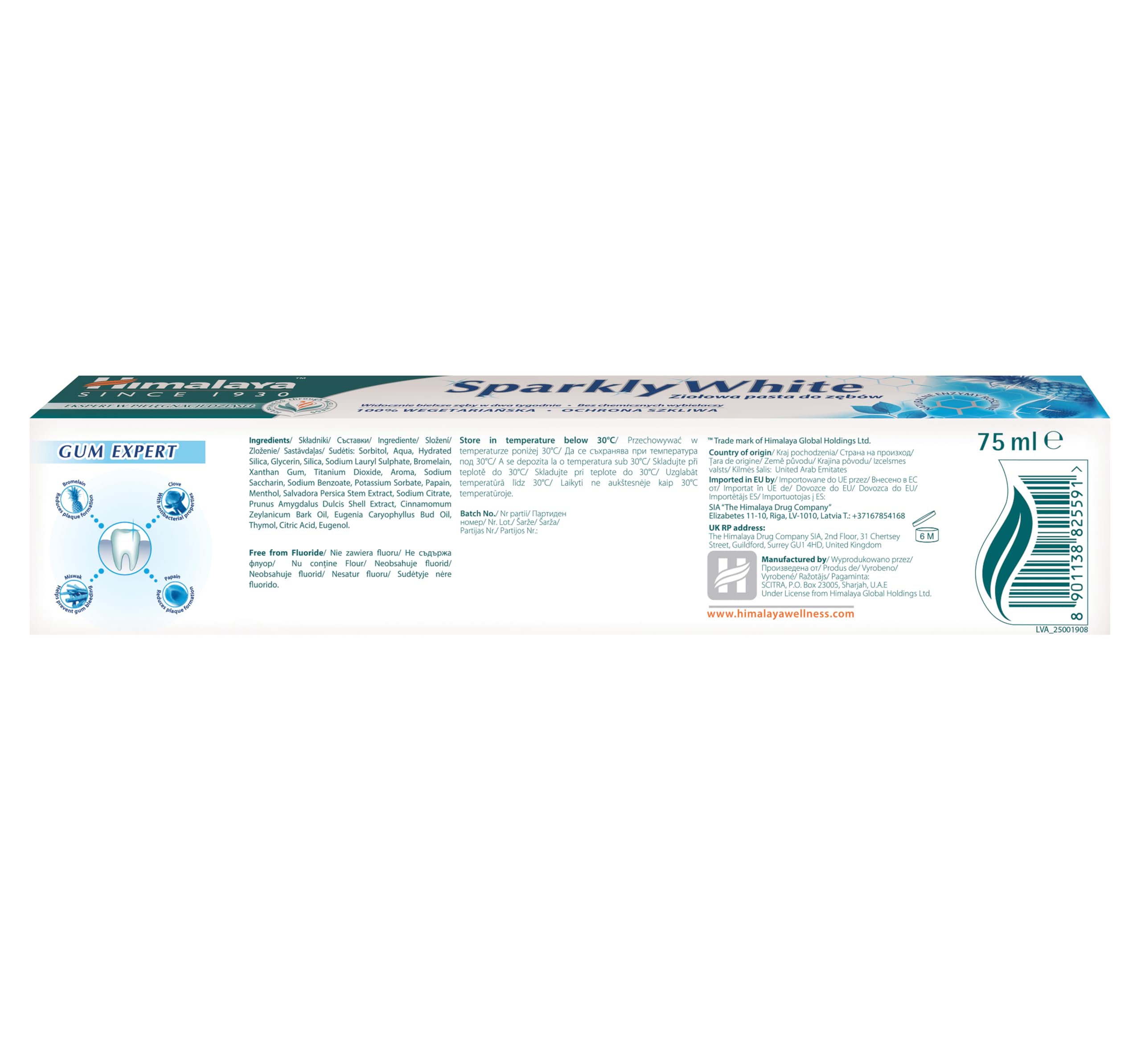 Himalaya Funkelndes Weiß Kaugummi-Experte Kräuter-Zahnpasta, Minze, 75 ml (Packung mit 3) – Ansicht 2