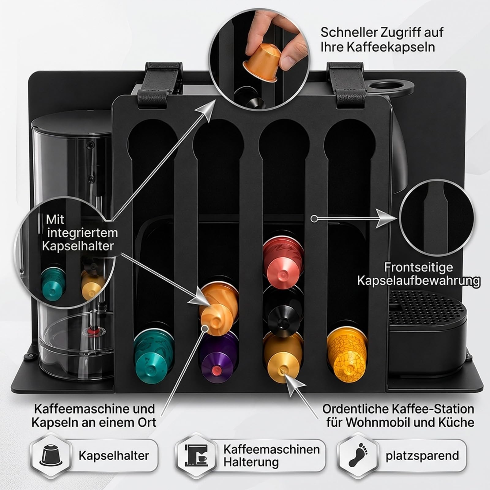 Wandhalterung kompatibel mit Krups Nespresso Essenza Mini, mit Kapselhalter, platzsparende Halterung für Wohnmobil, Camper, Wohnwagen und kleine Küchen