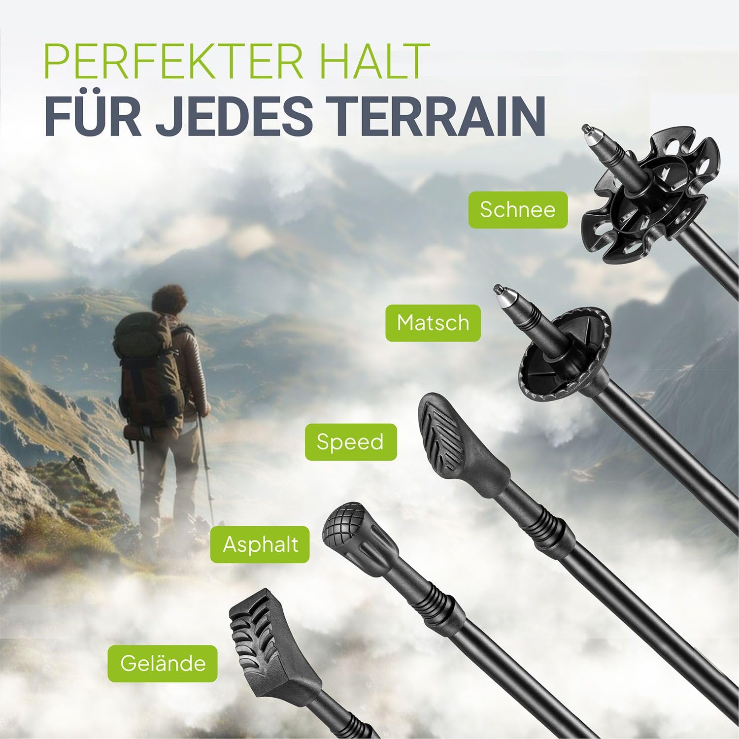 Juskys Bastones de senderismo telescópicos de aluminio, ligeros y extensibles, para hombre y mujer, con tope de goma y bolsa, mango de corcho, color negro