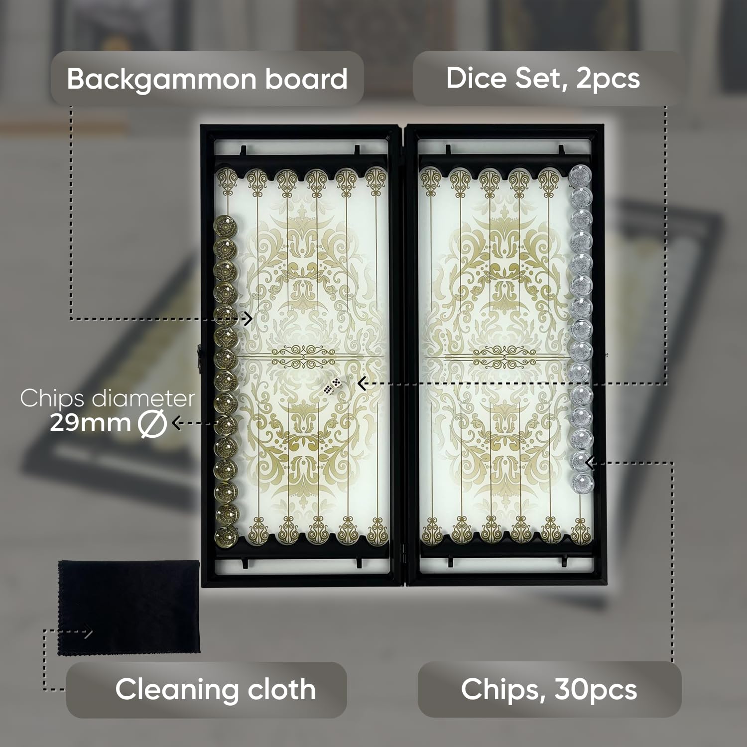 Ensemble de luxe Backgammon en verre – Édition Royal White & Gold – Jeu de société exclusif avec verre trempé et cadre en aluminium – Coffret élégant design baroque