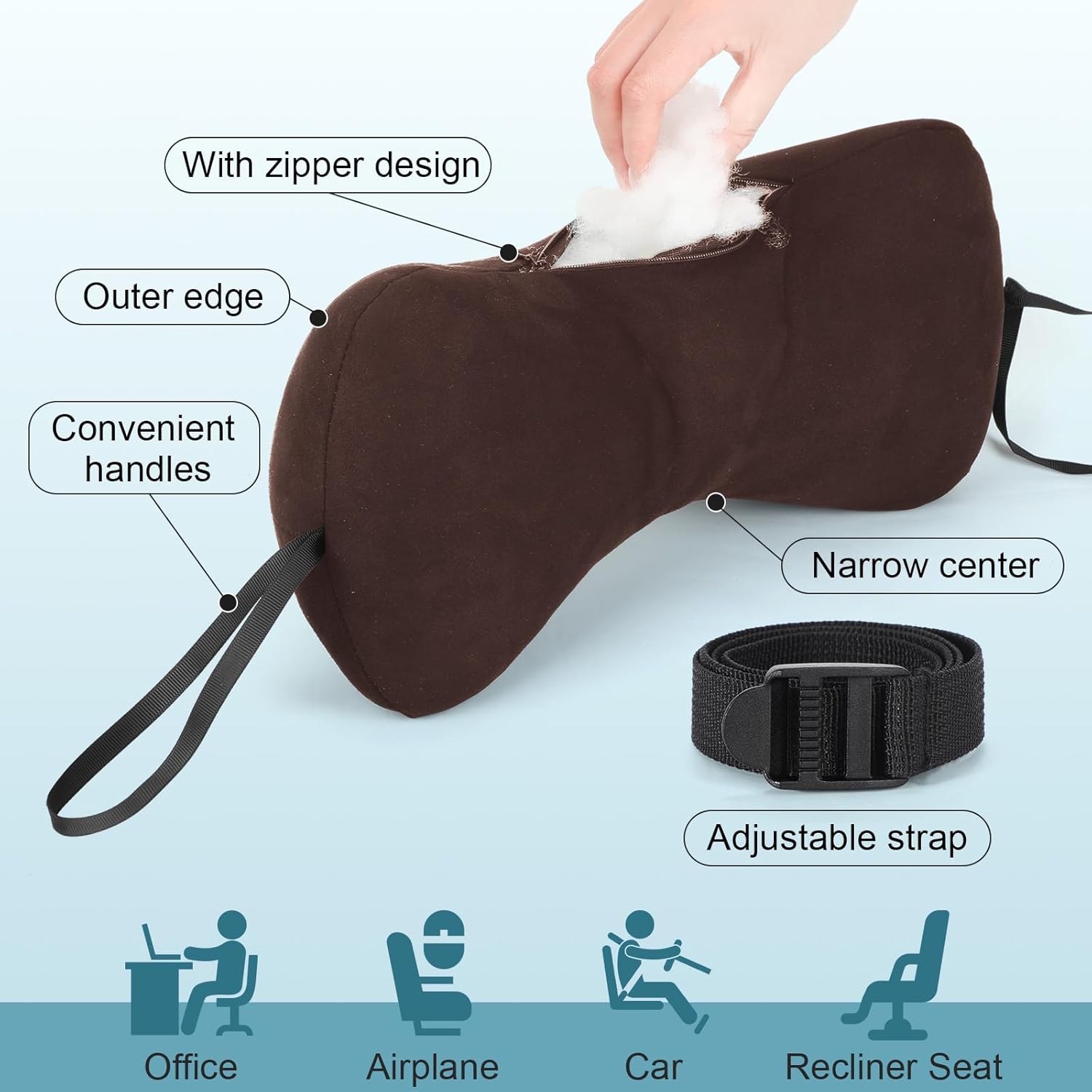 Chunful 1pcs Dog Bone Shaped Chiropractic Neck and Back Pillow for Cervical Support with Adjustable 37 Inches Strap Sofa Lounge Chair Pillow for Travel Home Use, 15 x 7 x 5 Inches (Brown) - Image 3