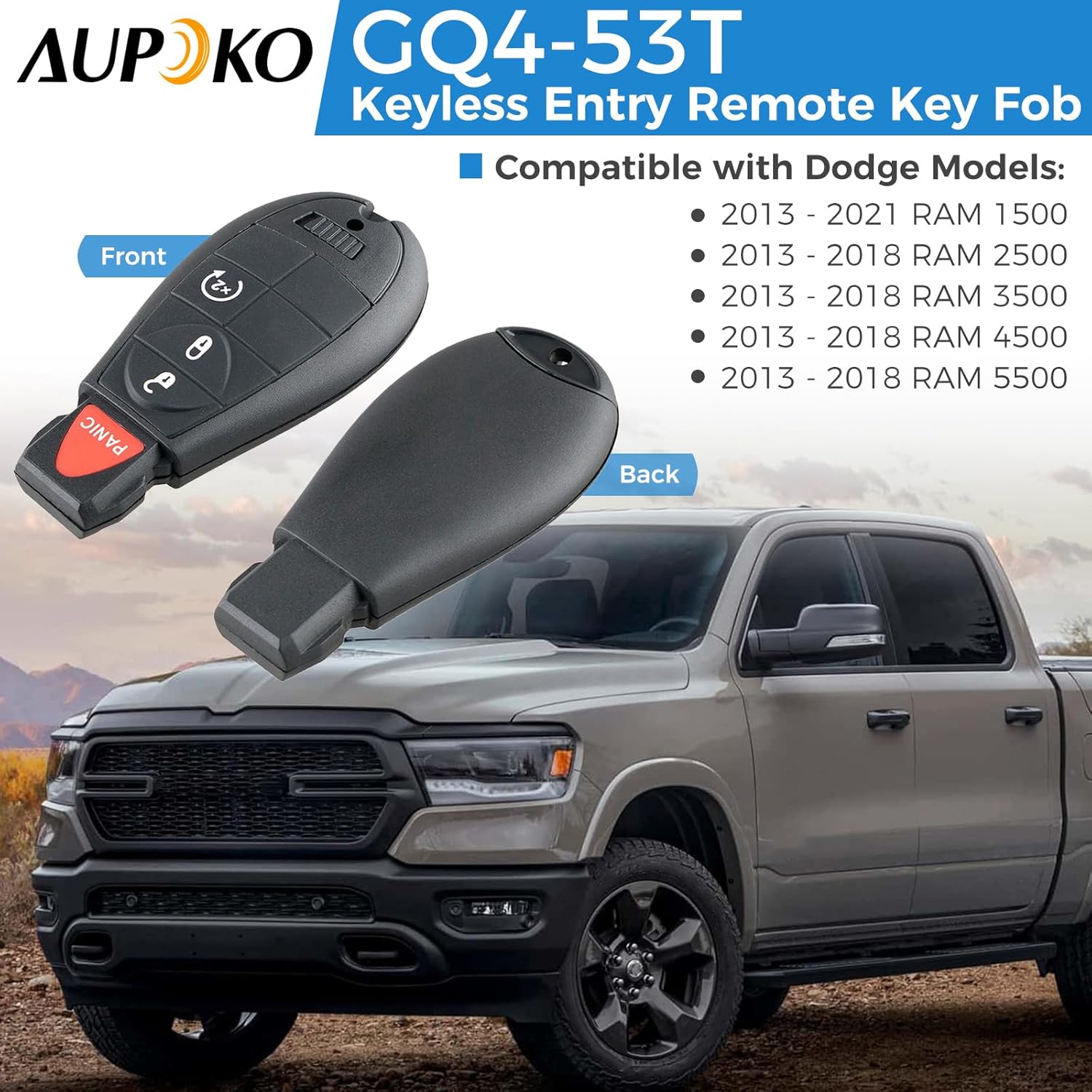 Aupoko GQ4-53T Key Fob Replacement for 2013-2021 Dodge Ram 1500, for 2013-2018 Dodge Ram 2500 3500 4500 5500, Keyless Entry Remote Start Control Replacement, 4 Button, Replaces 56046955 GQ4-53T, 2Pack