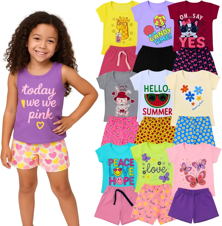 Kit 10 Peças Infantil Menina Verão Conjuntos Blusa e Short em Algodão, Roupas Leves e Confortáveis, Moda Infantil Feminina, Looks Casuais e Coloridos 1 a 8 Anos
