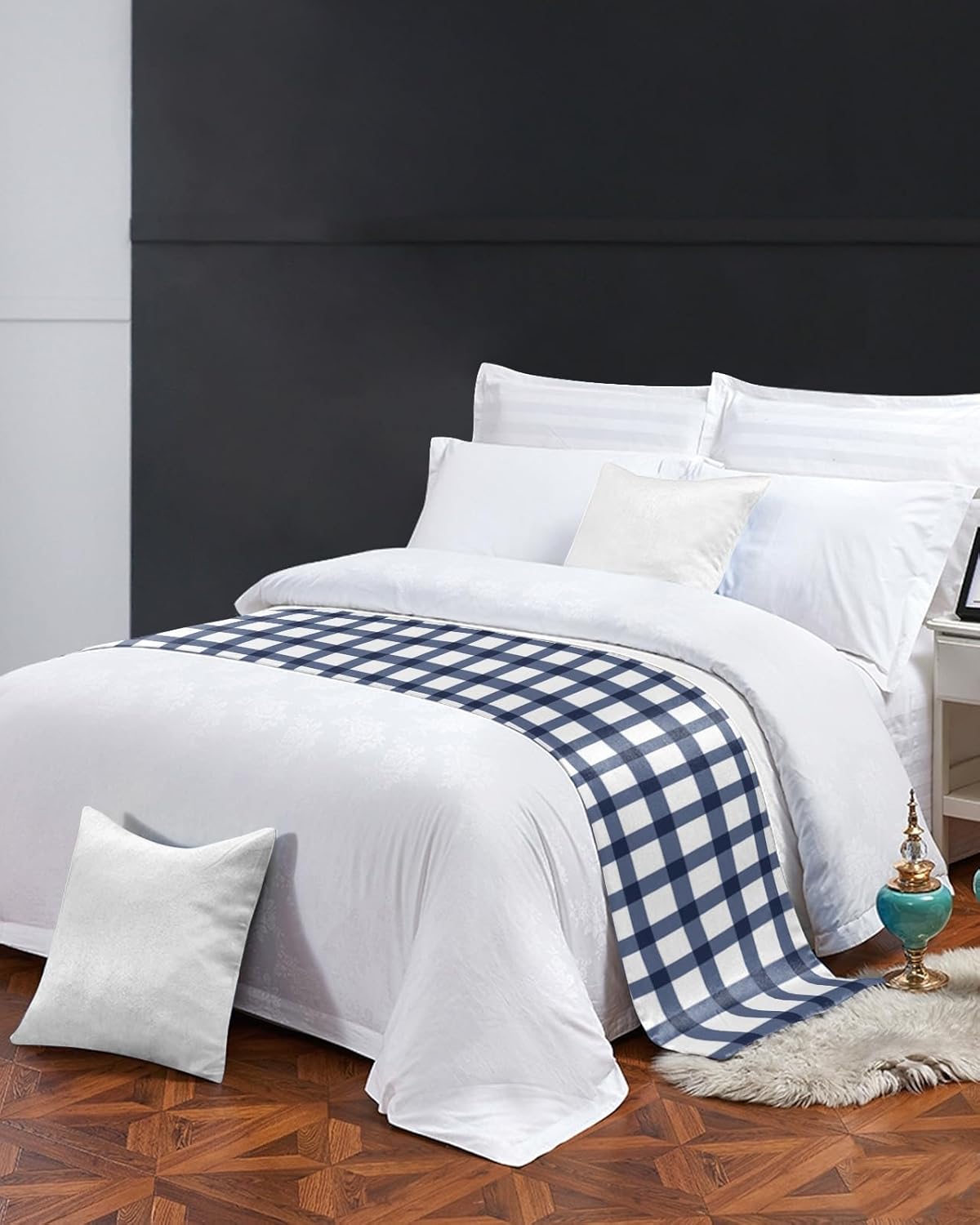 Teamery Bed Runners & Scarves, Farmhouse Blue Plaid Bed Runner, Bed Scarf Protector Decorative Accent Bedding Scarf for Hotels Homes and Guestrooms, 102 x 20 inches