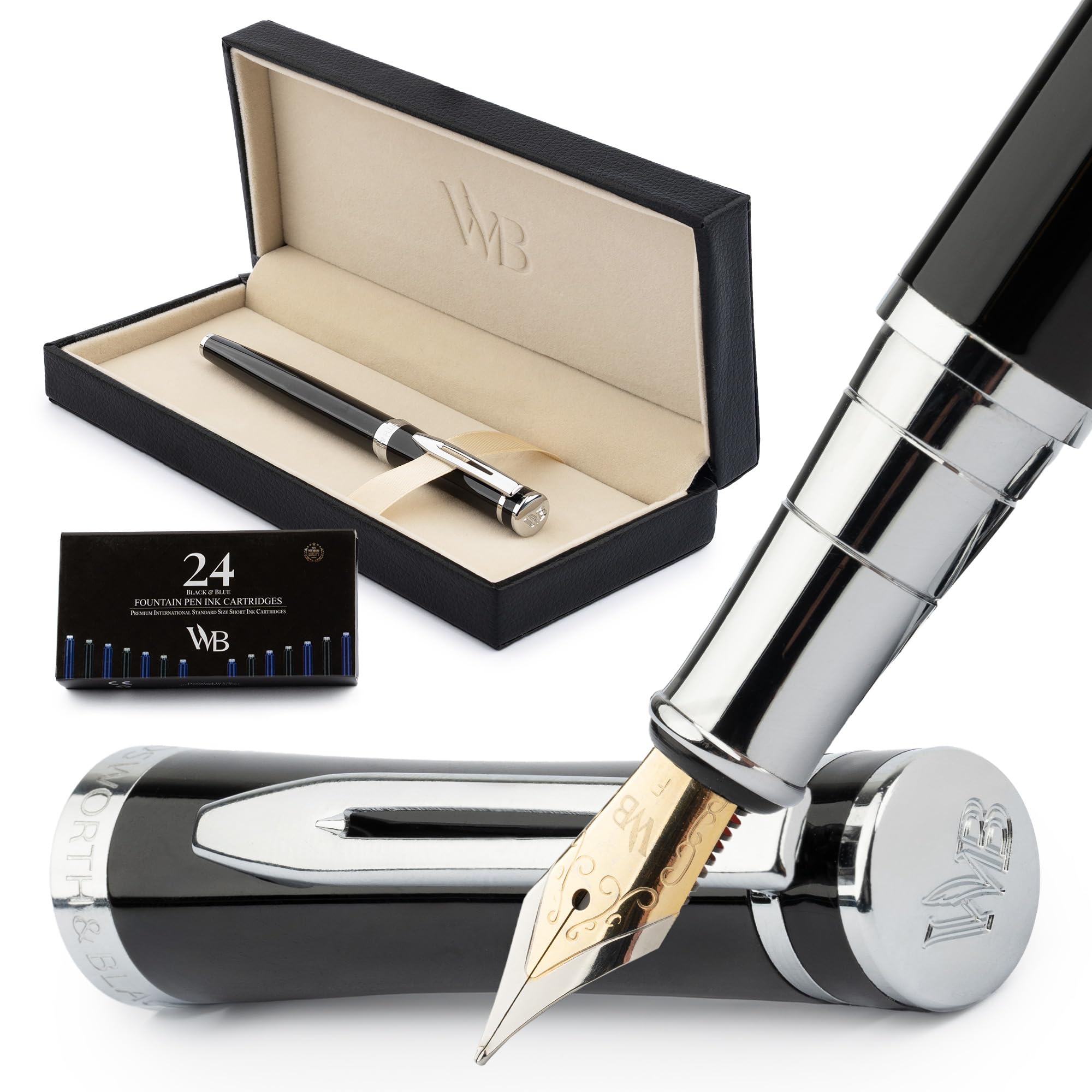 Wordsworth & Black Fountain Pen Set, 18K Gold-Plated Fine Nib, 24 Pack Ink Cartridges, Ink Refill Converter & Gift Box Included, Gold Finish, Calligraphy, [Black Chrome], Perfect for Men and Women : O