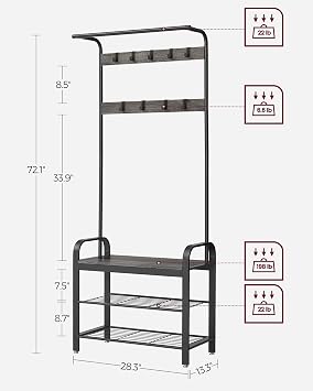VASAGLE Coat Rack, Hall Tree with Shoe Bench for Entryway, Entryway Bench with Coat Rack, 4-in-1, with 9 Removable Hooks, a Hanging Rod, 13.3 x 28.3 x 72.1 Inches, Charcoal Gray and Black UHSR040B04