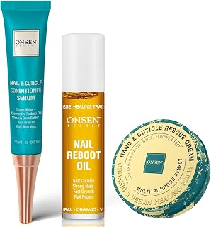 Onsen Nail & Cuticle Rescue Kit: Serum, Repair Oil & Balm with Tsubaki, Shea Butter, Jojoba - Strengthen Brittle Nails, Soften Cuticles, Hydrate Skin