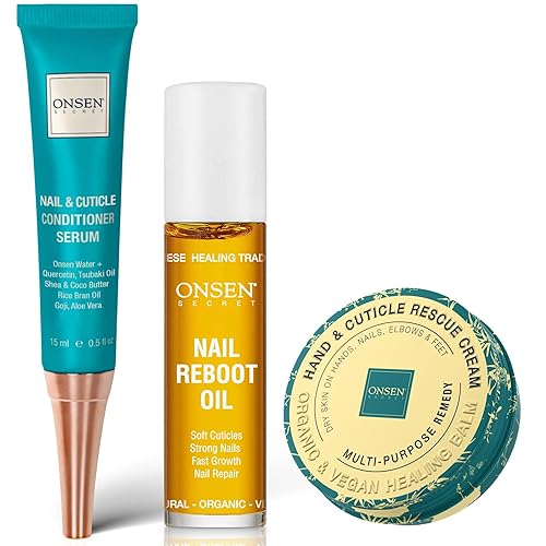 Onsen Kit de rescate de uñas y cutículas, suero acondicionador, aceite reparador y bálsamo para cutículas, tsubaki, manteca de karité, jojoba -