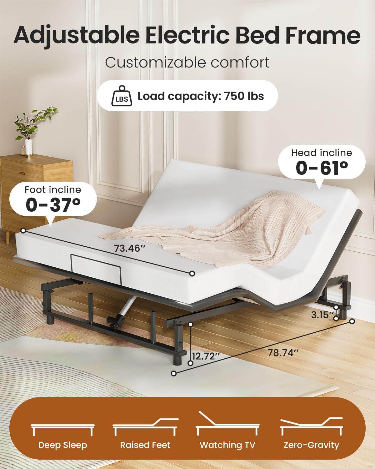 King Adjustable Bed Base Frame with Wireless Remot, Easy Installation, Heavy-Duty Steel Frame, Whisper-Quiet Motor, Head & Foot Lift, Zero Gravity & Anti-Snore Modes Comfort (79" L x 74" W x 12.72" H)