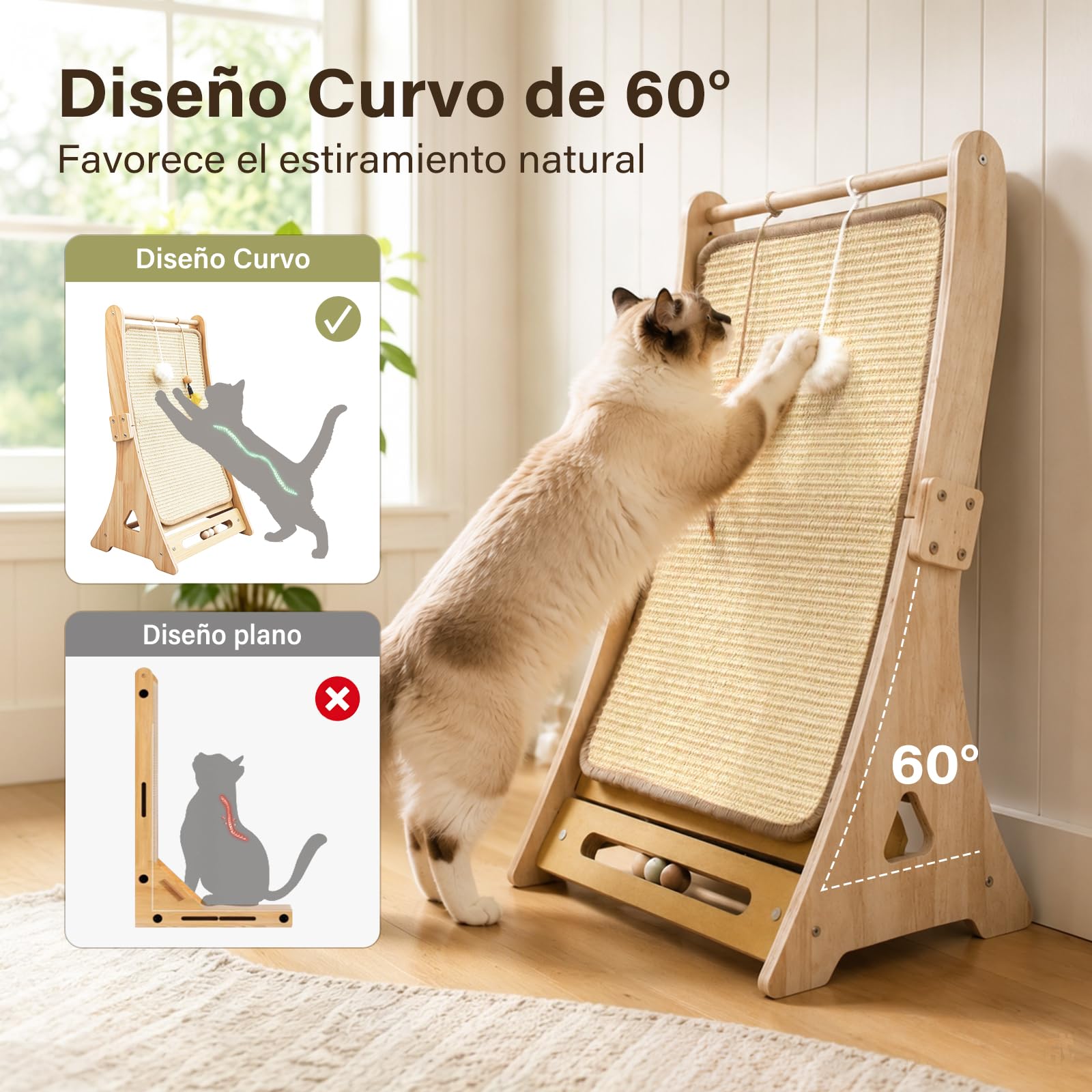 DONWEI Rascador para Gatos Sisal, Curvo Apto Pared y Esquina Todo Felinos | Torre Ergonómica 60° Doble Uso, Base Haya Maciza, Rascador Sisal Denso Reemplazable, 3 Juguetes Para Gatos Grandes, 65CM