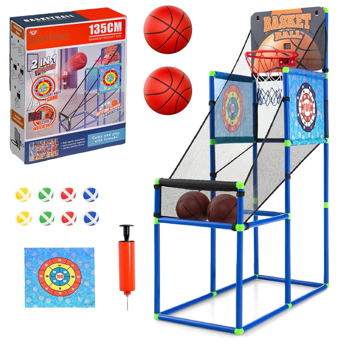 Toyana 2-in-1 Basketball Arcade Game & Velcro Dart Board for Kids - 135 cm, Digital Scoreboard & Sound, 2 Basketballs, Pump & 8 Sticky Balls, Sports Toy for Children 3+ Years