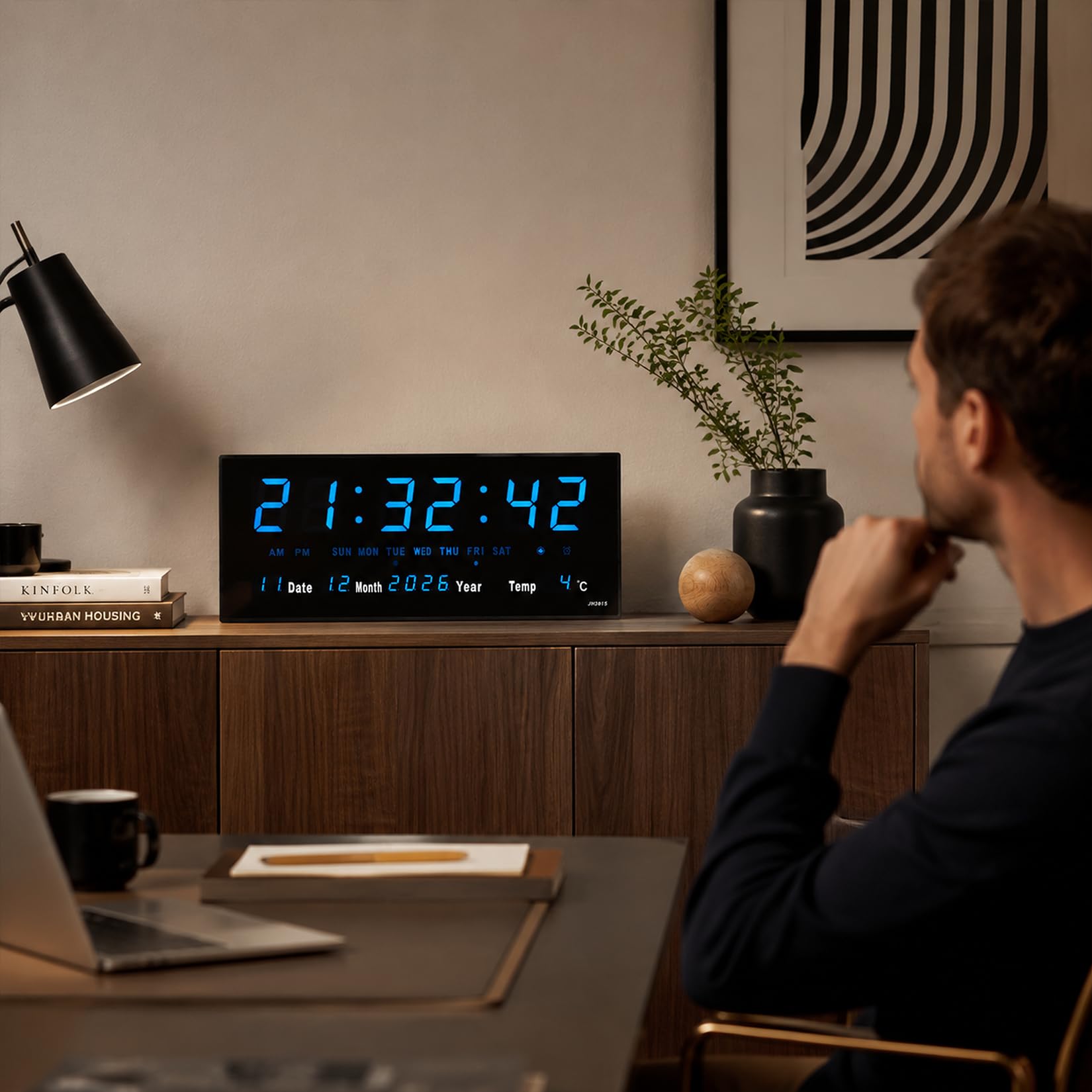 Starlet24 JH4622 Horloge murale LED avec affichage de la date et de la température Bleu 45 x 22 cm