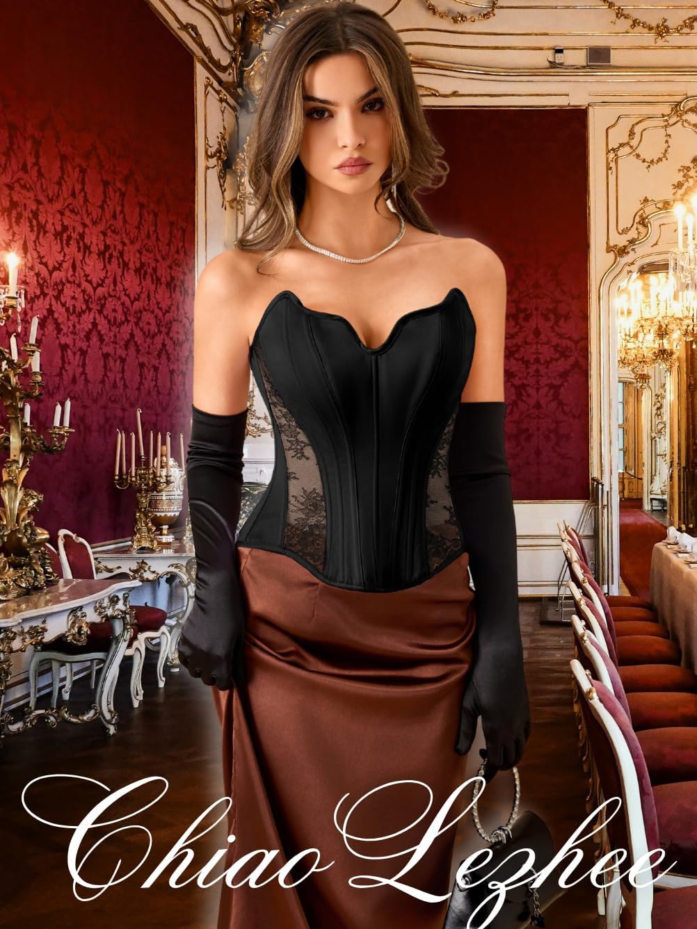 ChiaoLezhee Sheer Floral Lace Panels Satin Strapless Corset Top for Women, 19 Boned Lace-Up Bustier Shapewear, Fits Size 0-18