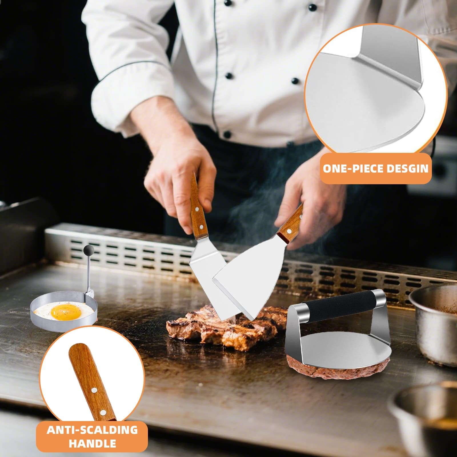 Smashed - Kit per hamburger, 10 pezzi, in acciaio inox, set di strumenti per la produzione di hamburger, per cottura a griglia piatta, hamburger di manzo e teppanyaki