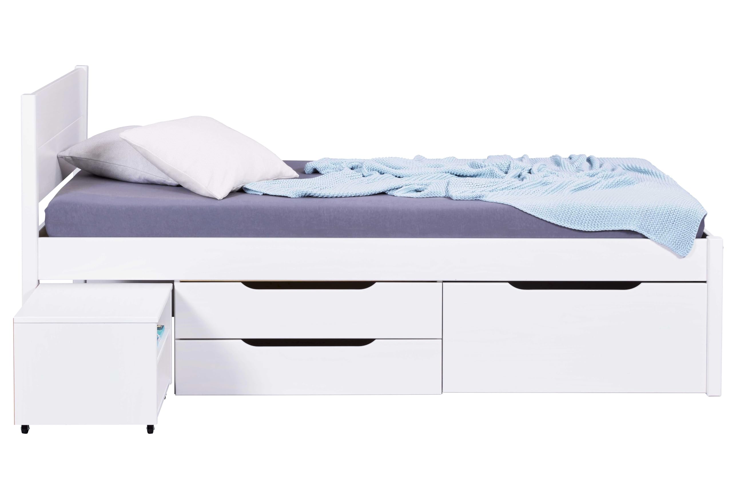 Inter Link, Letto singolo 90 x 200 cm, Letto a scomparsa con contenitore, Pino massiccio, 2 cassetti grandi e 1 cassetto, Base a doghe inclusa, Laccato bianco, Efetivo 140 x 200 cm