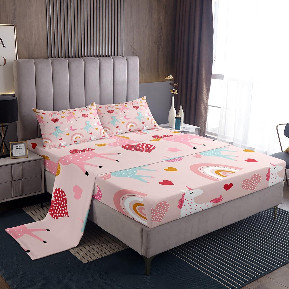 Feelyou Unicorn Sheet Set Kids Cute Cartoon Unicorns Decor Sheets with Deep Pocket Fitted Sheet for Girls Pink Bed Sheets Set Breathable Rainbow Bedding Set Queen Size