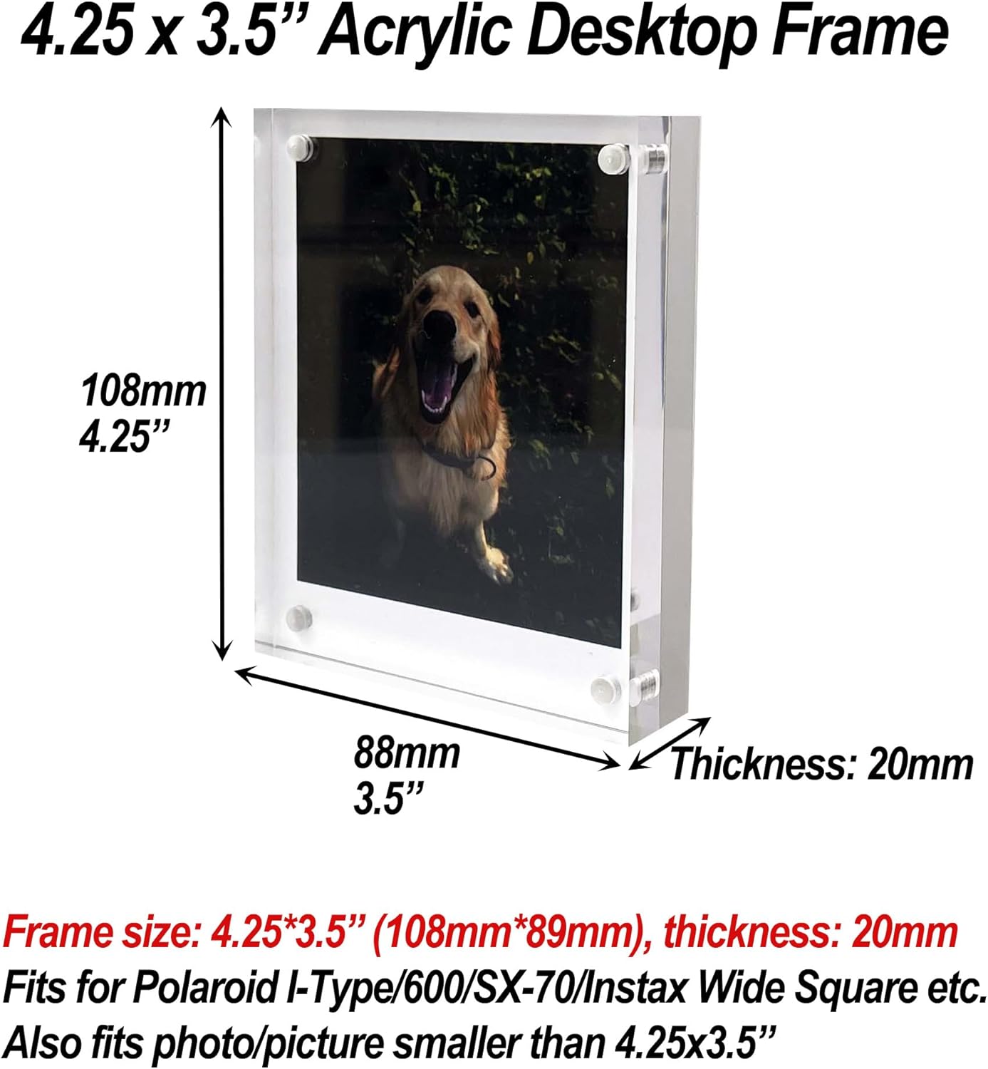 4.25 x 3.5” Polaroid Picture Frame for Polaroid 600/I-Type/SX-70/Instax Wide Square/HP Sprocket Film/Zink Photo, 3.5 x 4.25 Inch Acrylic Desktop Picture Frame (2 Packs)