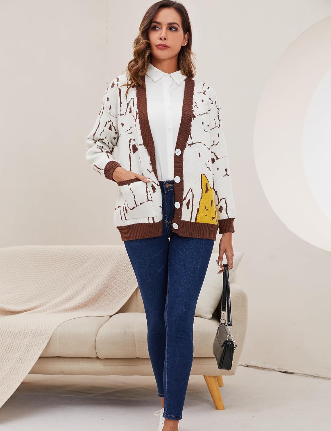 Gihuo Women Cat Sweater Oversized Cute Kawaii Cardigan Knit Graphic V Neck Loose Fit Long Sleeve Cardigan Coat