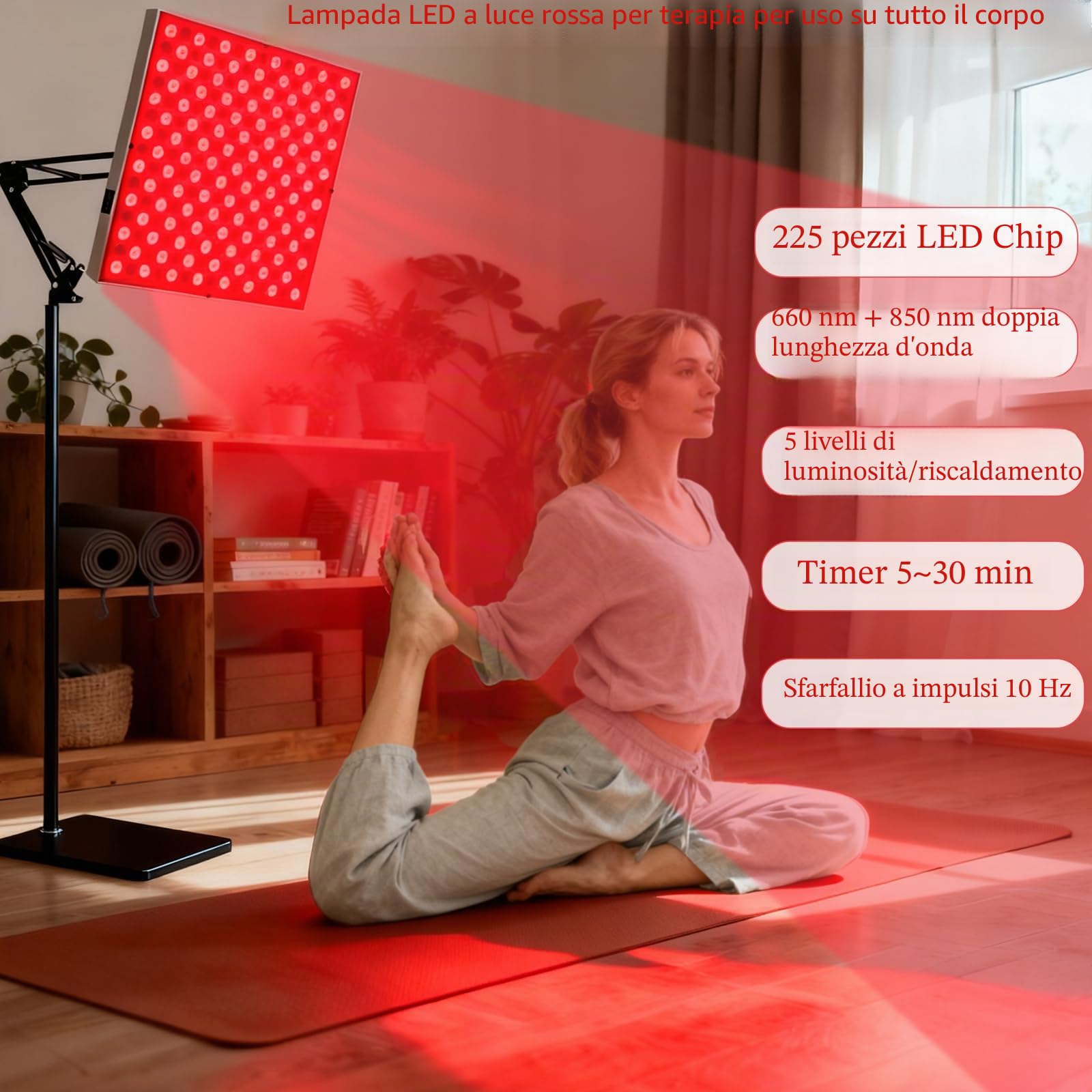 Lampada a luce rossa per la copertura di tutto il corpo, pannello a infrarossi, 225 LED 660nm e 850nm, 31x31 cm, 5 livelli di luminosità e 6 timer, con modalità pulsata a 10Hz (Bianco)